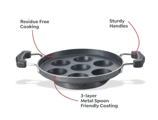 Prestige Omega Select Plus Non Stick Paniyarakkal | Glass Lid | Black | 20 cm | 7 Pits |Residue Free Coating |Metal Spoon Friendly | Ergonomic Handle - Image 4